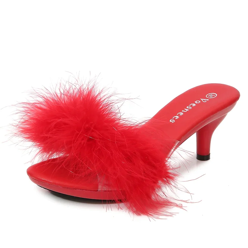 Qengg Solid Color Feather Fairy Slippers Summer Transparent Sandals Thin High Heels Sexy Fur Crystal 6cm Low Heel Derss Women Shoes