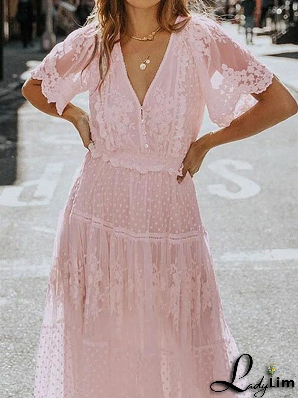 Women's Short Sleeve V-neck Lace Maxi Dress