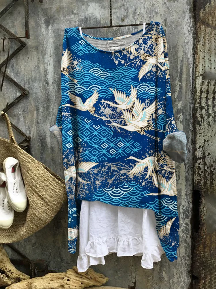 Japanese Flower & Crane Linen Blend Tunic