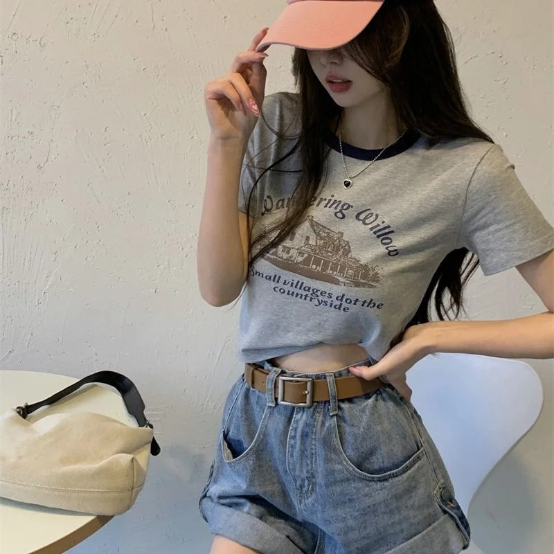 Uveng Uveng Print Short Sleeve T-Shirt Women's Color Round Collar Bottom Shirt 2024 Summer Hot Girl Short Student Top