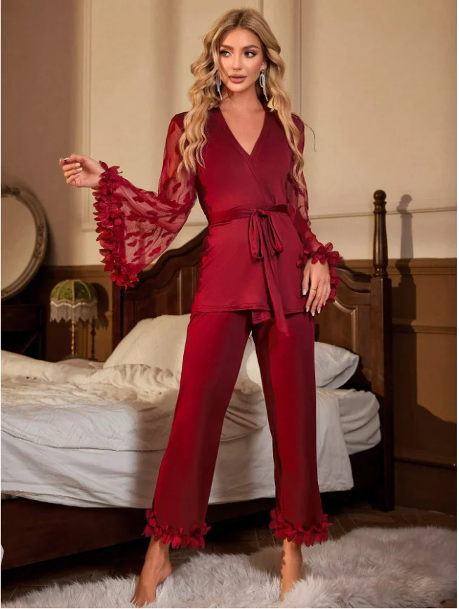 Churchf Sex Lingerie Lady Casual Set Sexy Lace Horn Sleeve Set Pajamas Trousers Chiffon Homewear