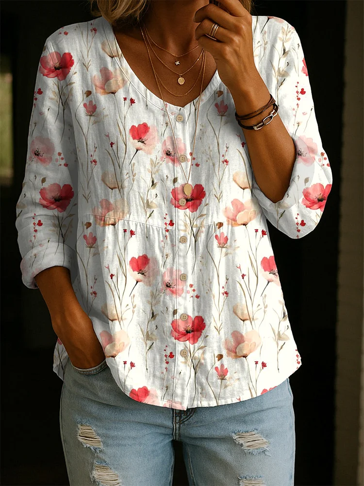retro floral linen cotton shirt