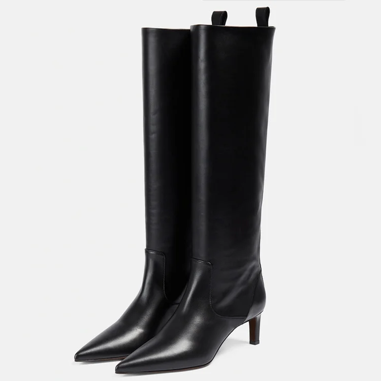 5CM/1.97 inch Women's Middle Heels  boots knee-high matte cowhide pointed toe stiletto boots