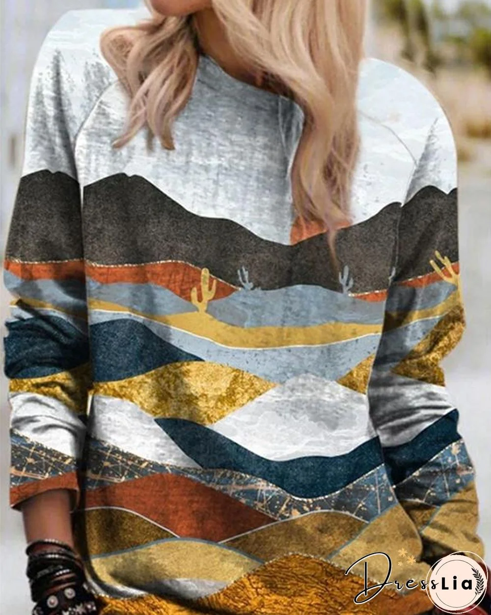 Printed Crew Collar Casual Long Sleeve Shirts & Tops