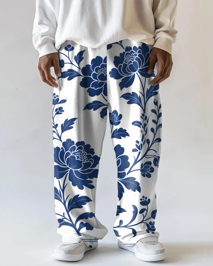 Big and Tall Men's Versatile Retro Flower Printed Daily Casual Pocket Pants