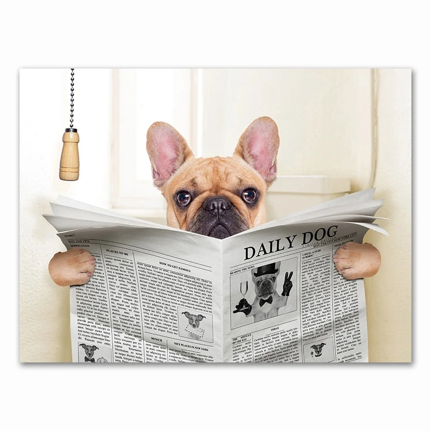 Dog Reading Newspaper Toilet Wall Art Canvas  Prints Funny Dog Painting Wall Picture Home Bathroom Decor Dogs Lover Gift