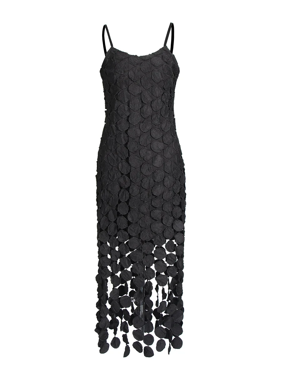 Uaang Sexy Style Slim Slings Long Skirt 2025 Summer New Embroidery Round Design Long Dress Woman