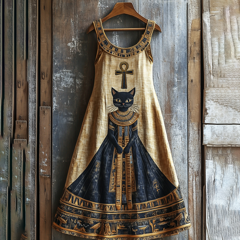 Vintage Ancient Egyptian Bastet Art Black Cat Graphics Linen Sleeveless Mini Dress