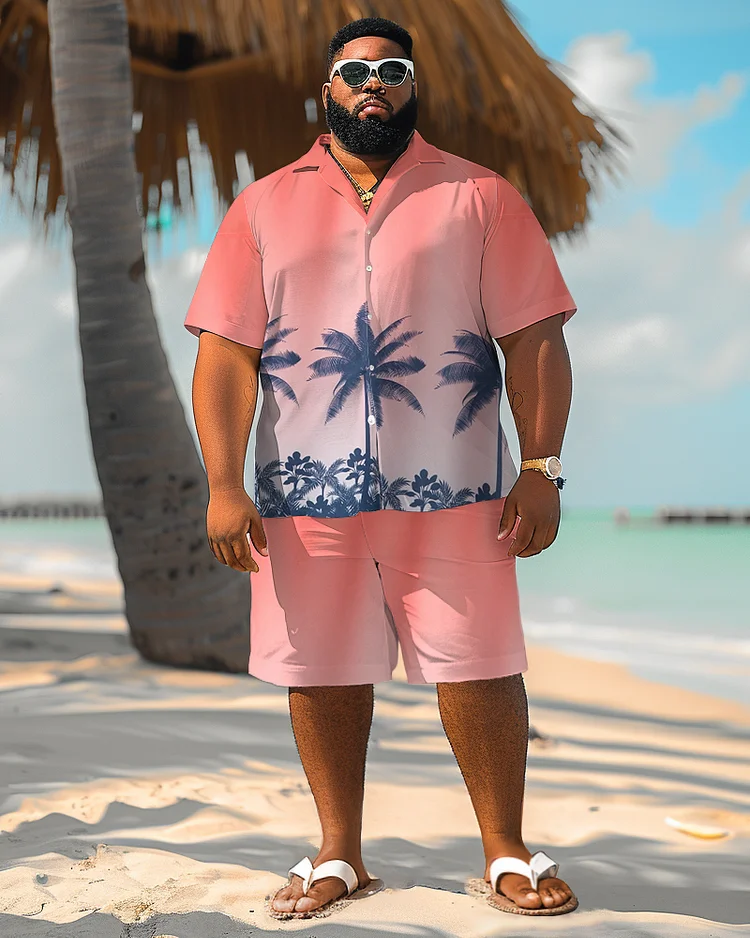 Men's Plus Size Hawaiian Gradient Plant Print Shirt Shorts Suit