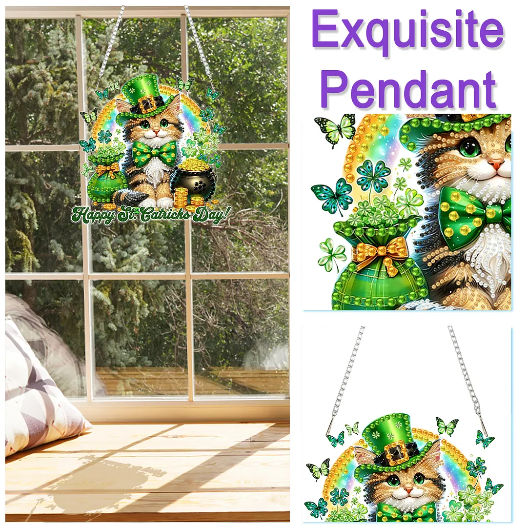 St Patricks Day Cat DIY 2D Flat Acrylic Diamond Painting Kits 5D Diamond Art Painting Window Pendants for Home Garden Wall Decoration