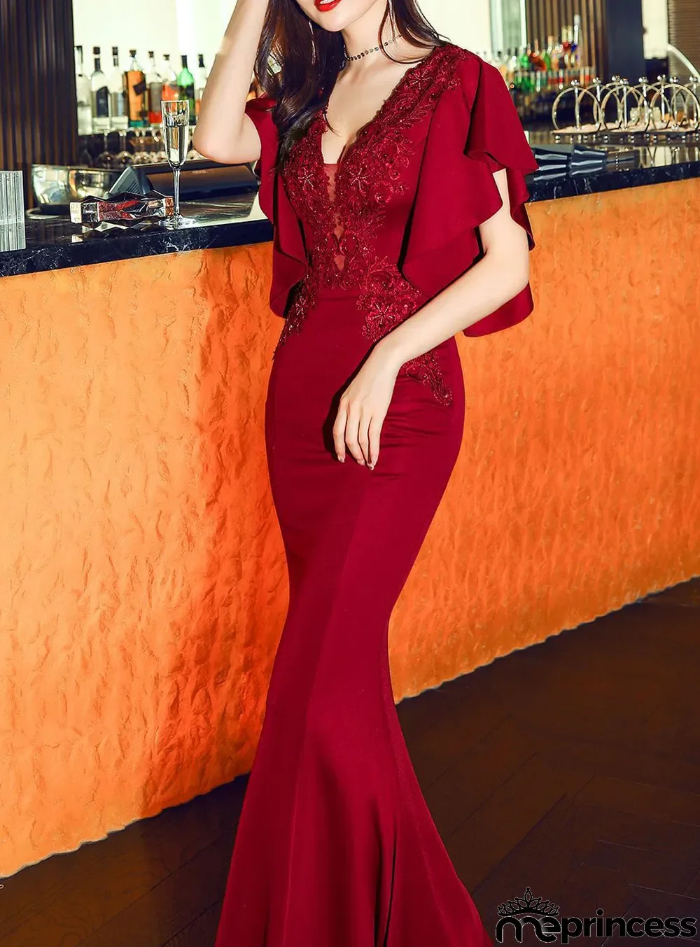 Women Elegant Lace Ruffles Short Sleeve Slim Fit Mermaid Evening Dress