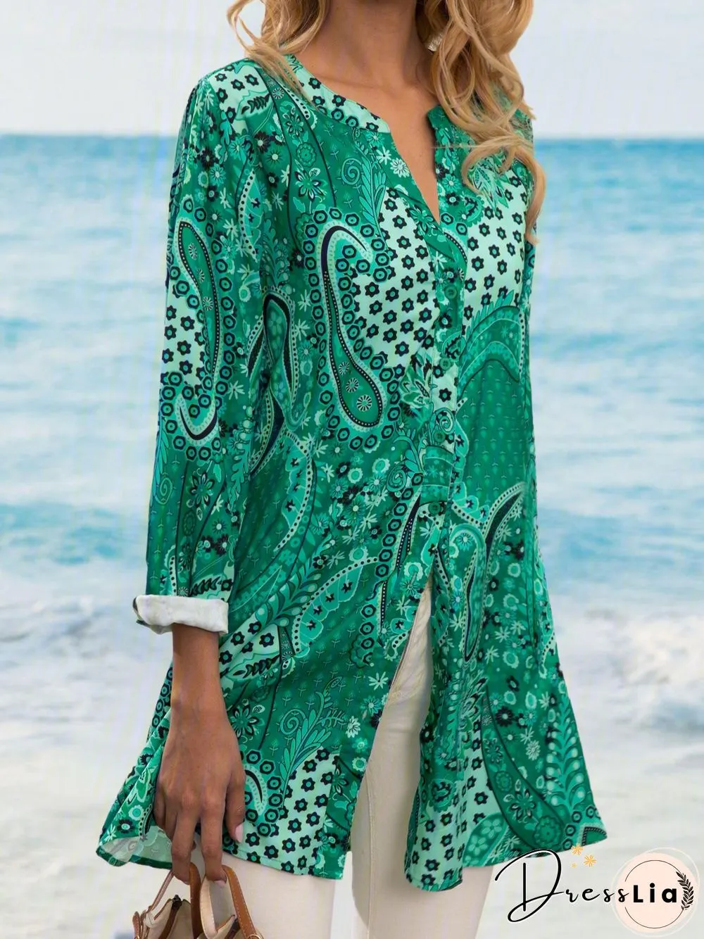 Geometric V Neck Long Sleeve Blouse & Shirts
