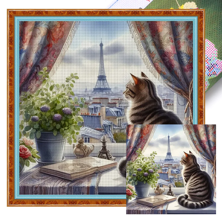 Cat By The Window (40*40cm) 11CT Stamped Cross Stitch gbfke