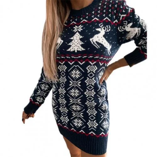 Bodycon Christmas Sweater Dresses for Women Jacquard Knitted Dress-elleschic