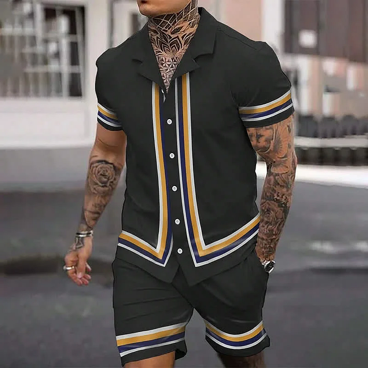 BrosWear Striped Short Sleeve Color Block Hawaiian Shirt And Shorts Co-Ord