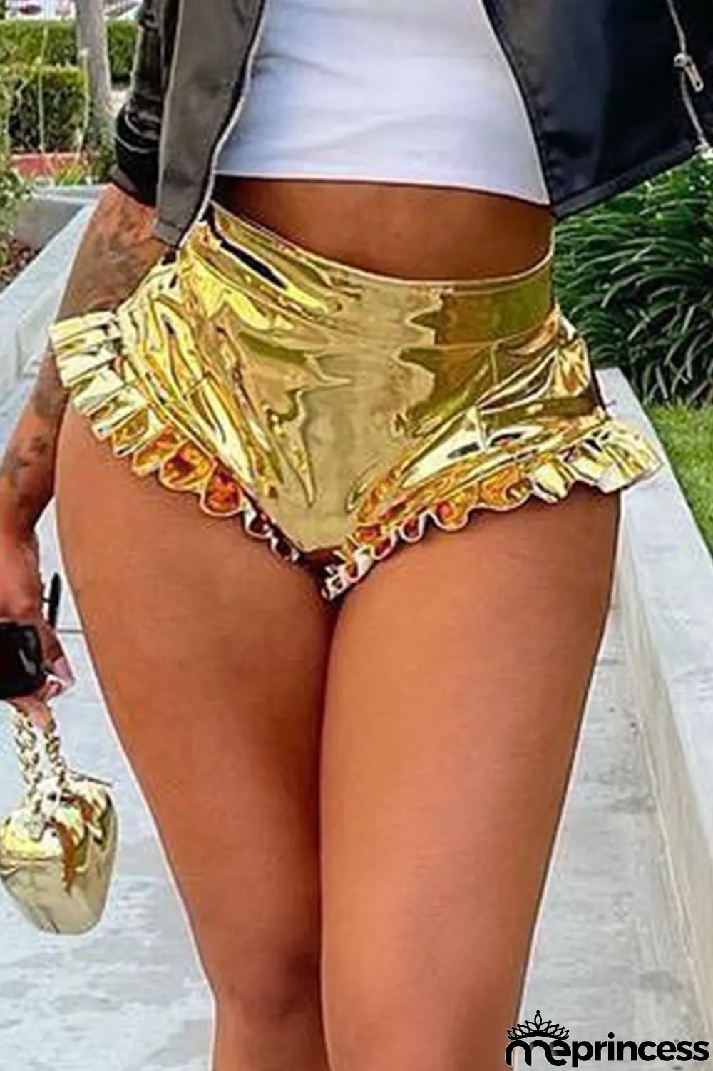 Rose Gold Sexy Solid Flounce Skinny High Waist Pencil Solid Color Bottoms