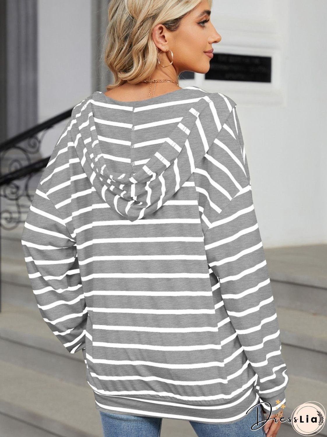 Drawstring Striped Long Sleeve Hoodie