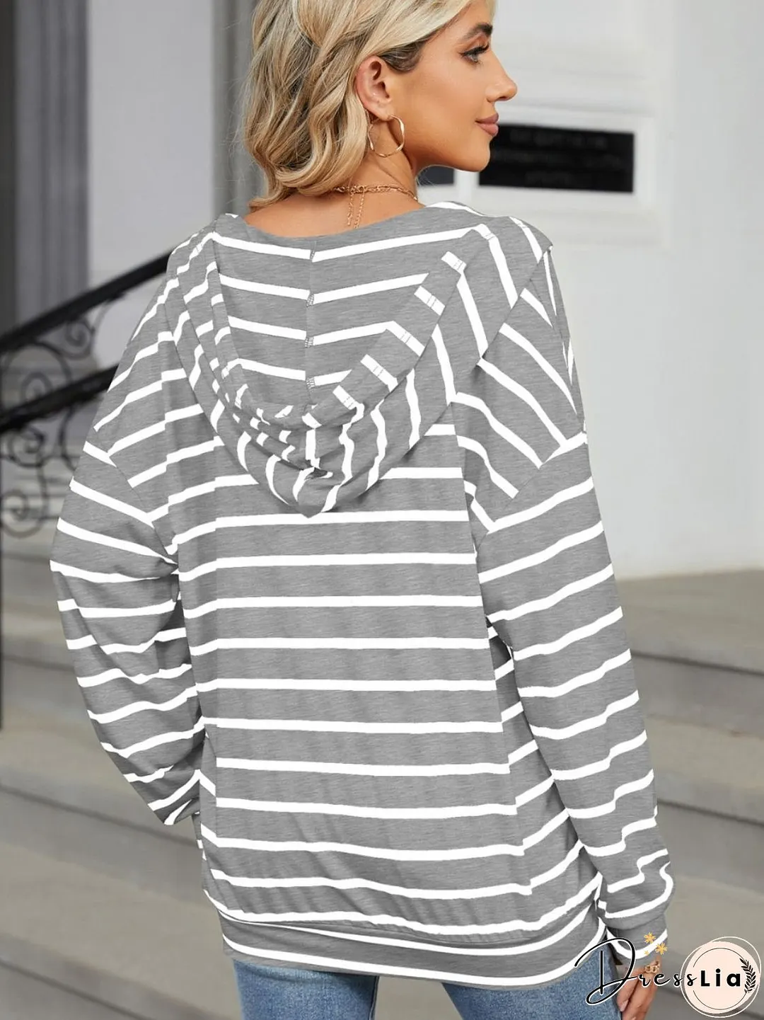 Drawstring Striped Long Sleeve Hoodie