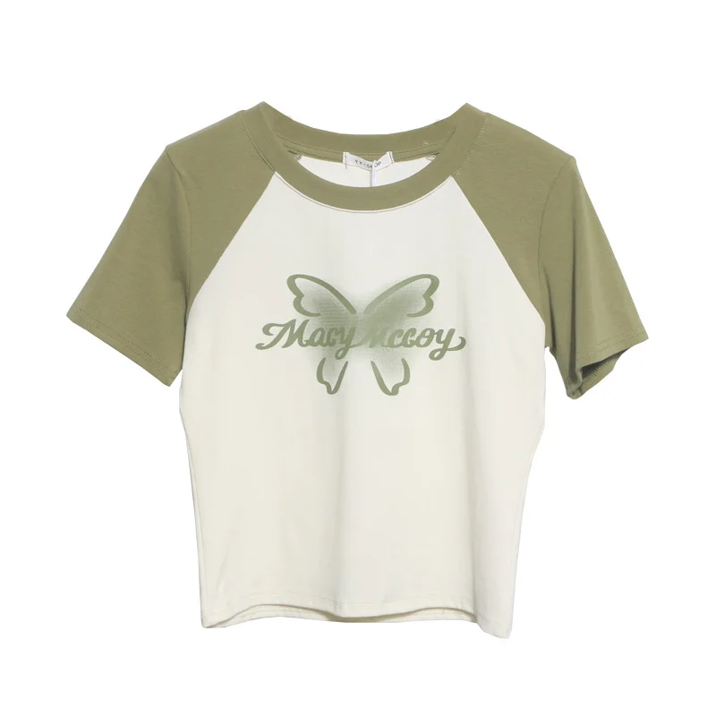 Uveng Retro Printed Short-Sleeved T-Shirt Women's Short-Coln High-Waisted Body Shirt 88899