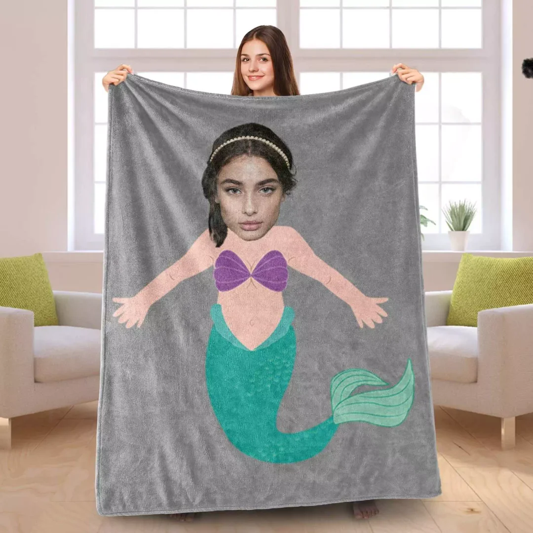 Personalized Custom Gift Blanket, Custom Photo Blankets Personalized Photo Cartoon Blanket Fleece Mermaid Blanket, Painting Style