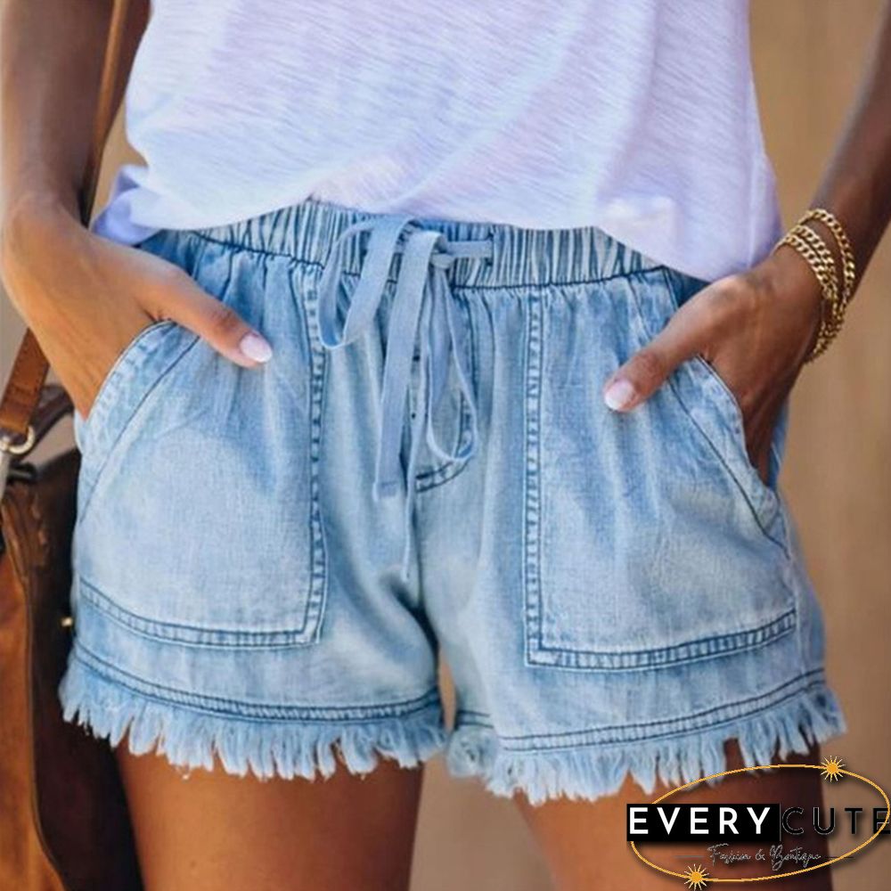 Ladies Elastic Waist Casual High Waist Slim Thin Denim Shorts Hot Pants