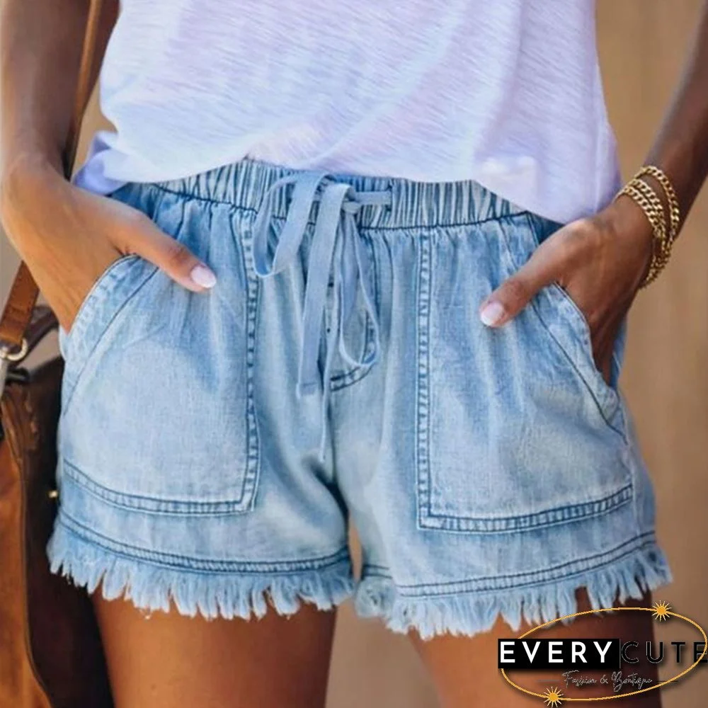 Ladies Elastic Waist Casual High Waist Slim Thin Denim Shorts Hot Pants