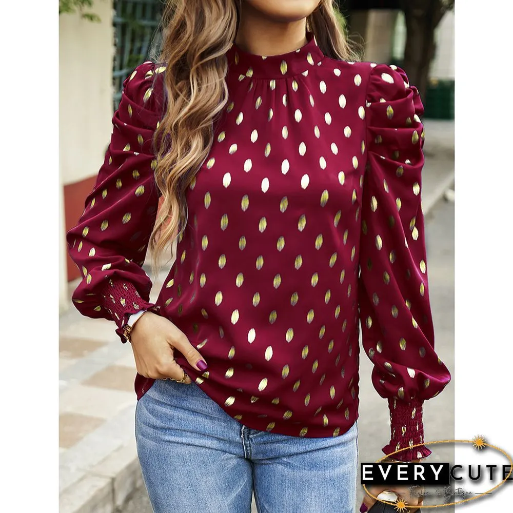 Burgundy Polka Dot Pleated Cuffs Long Sleeve Tops