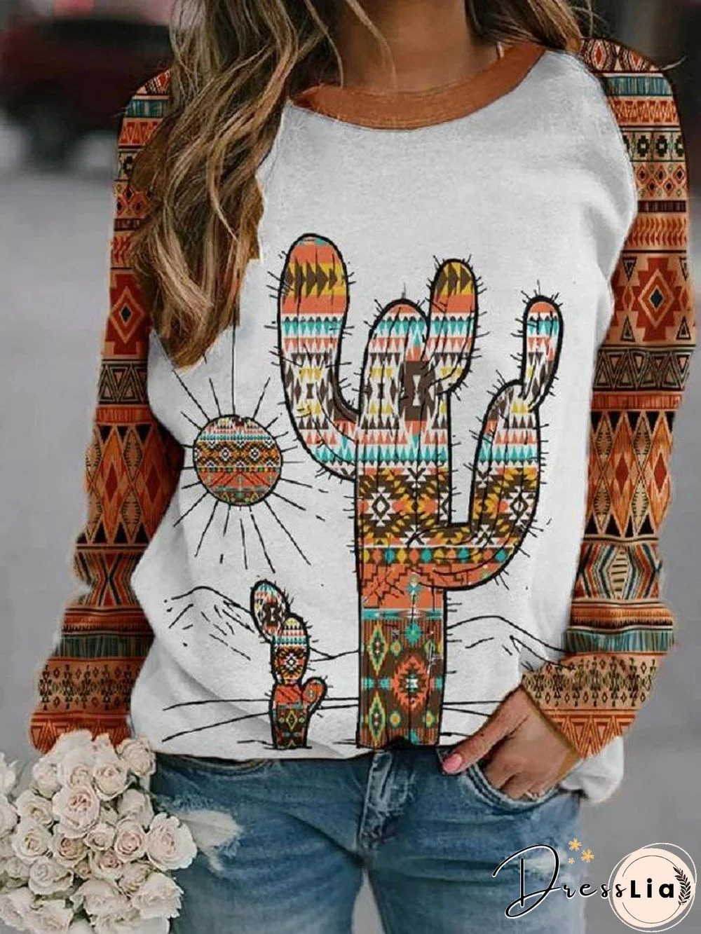 Round Neck Cactus Printed Top