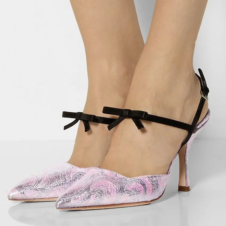 Pointed Toe Floral Shoes Women's Elegant Stiletto Heels Party Slingback Bow Pumps |FSJ Shoes