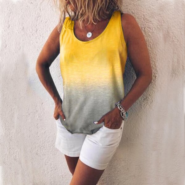 NEW Women Casual Tank Top Blouses O-neck Sleeveless Gradient Color Cotton Printing T-shirt Summer Vest Blouses Loose Plus Size S-5XL - Shop Trendy Women's Clothing | LoverChic