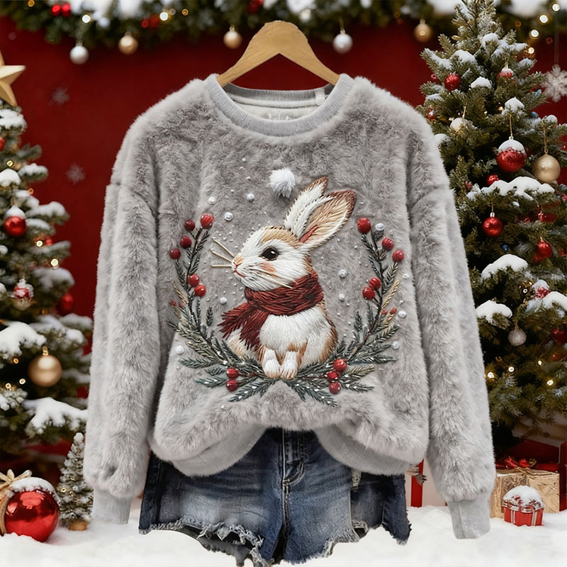 Women's Christmas Bunny Embroidery Pattern Plush Sweatshirt elevenforest