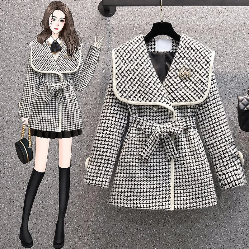 M-4XL Plus Size Dark Academia Long Sleeve Sailor Collar Plaid Tweed Coat SP17003