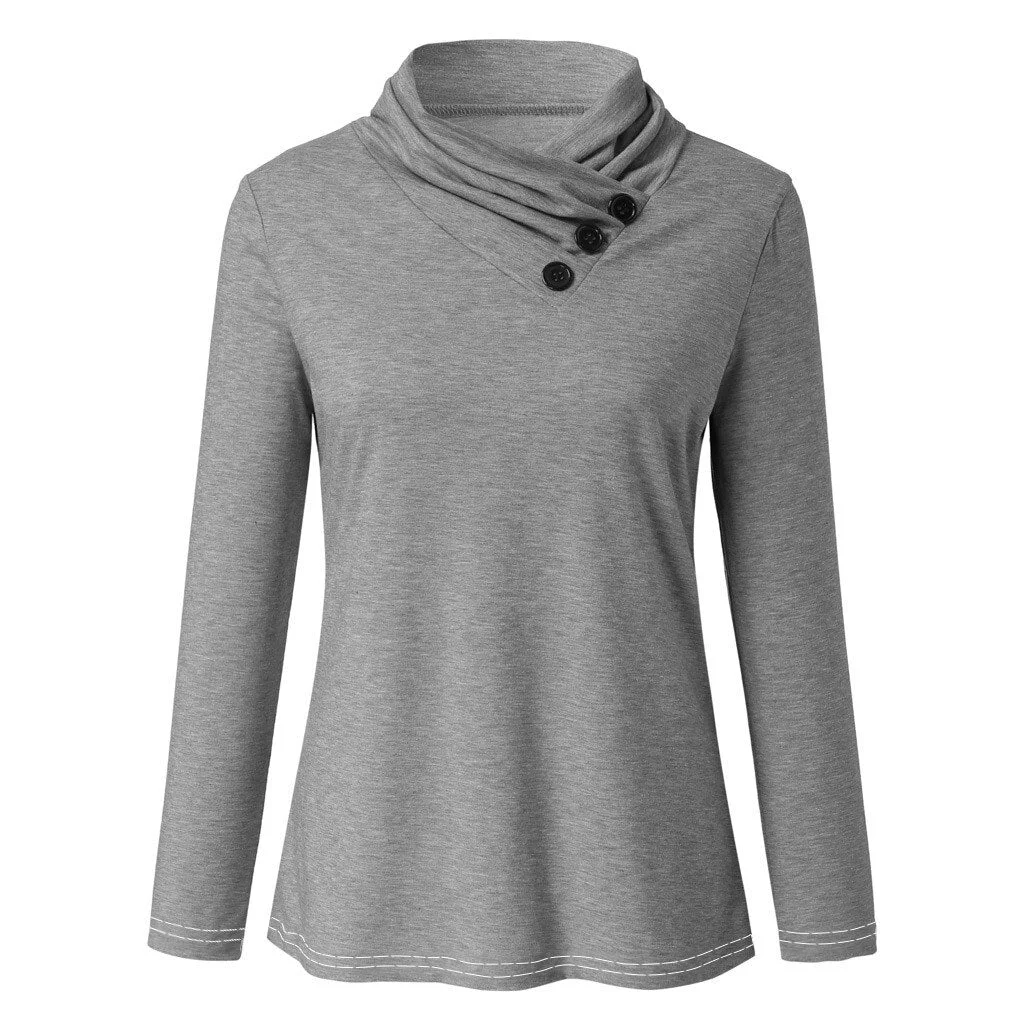 Fashion Solid Buttons Blouse Shirt Turtleneck Tops Tee Casual Autumn Winter Top Ladies Female Women Long Sleeve Blusas Pullover