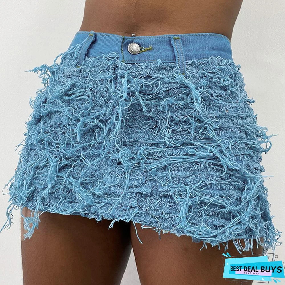 Women's Summer Bright Tassel Tight Fitting Non-Stretch Denim Skirt