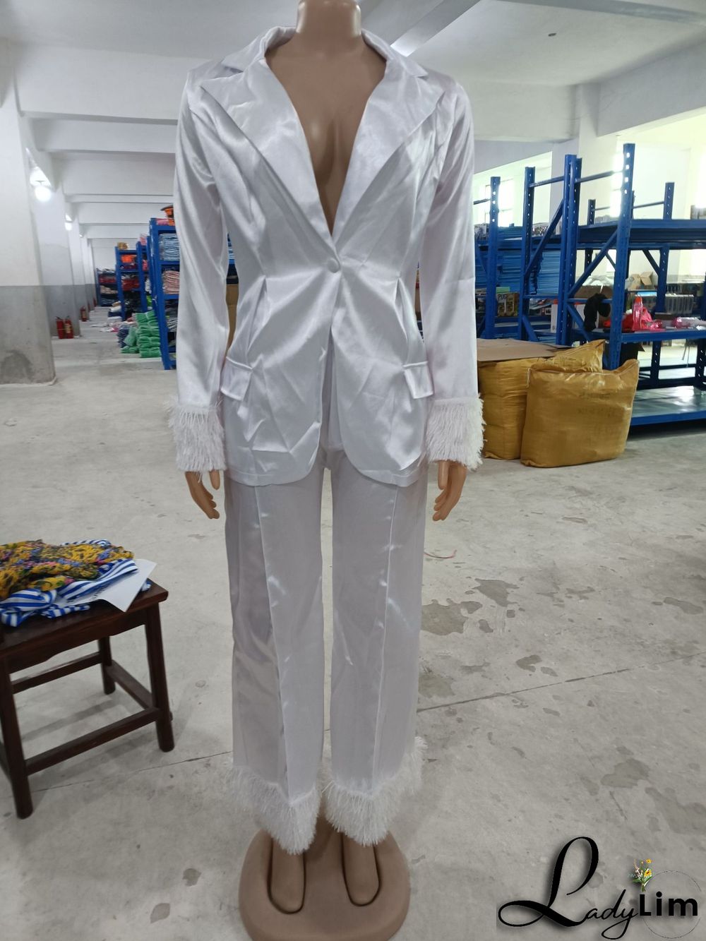 Women's Fashion Two-piece Blazer and Pants Suits with Feather