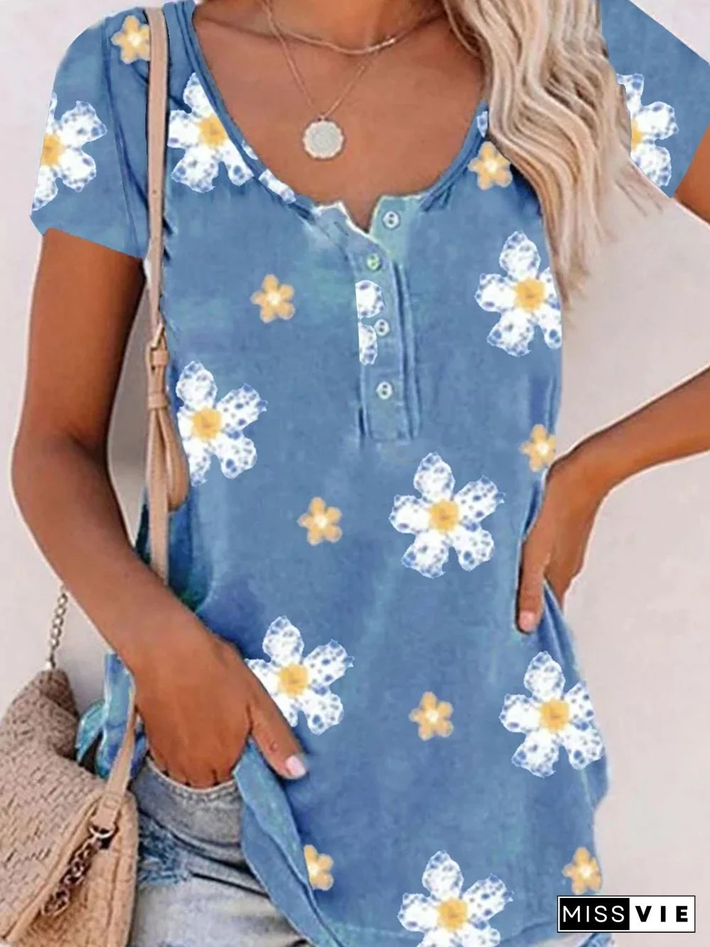 Floral Crew Neck Buttoned Short Sleeve T-Shirt