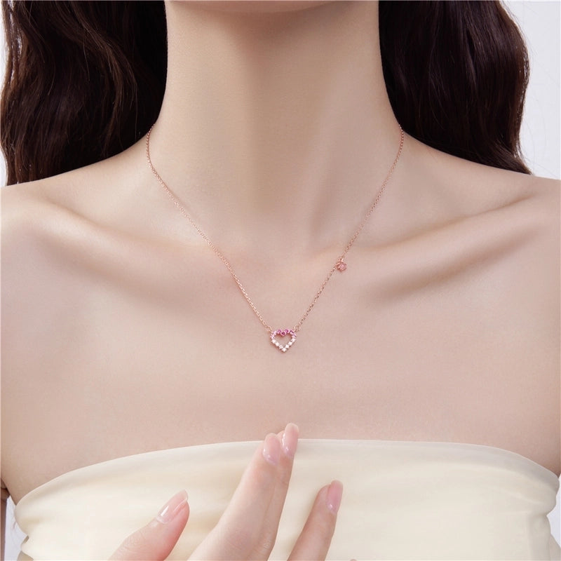 925 Sterling Silver Plated Zircon Cable Chain Hollow Out Inlay Heart Shape Necklace