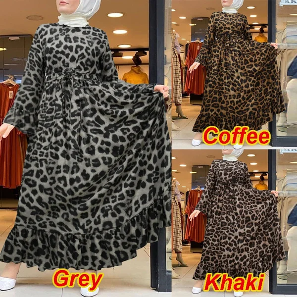 Women Muslim Dubai Islam Kaftan Flota Robe Leopar Printed Baggy Ruffle Hem Elegant Maxi Dress