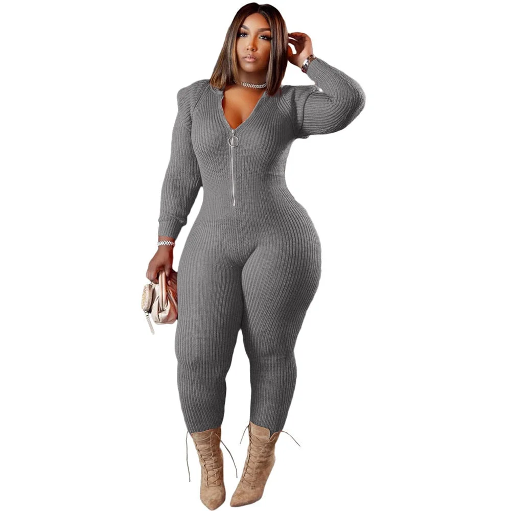 Knitted Jumpsuit Women 4xl Plus Size One Piece Outfit Hoodies Zip Up Bodycon Fashion Street  Bodysuit New Wholesale Dropshipping