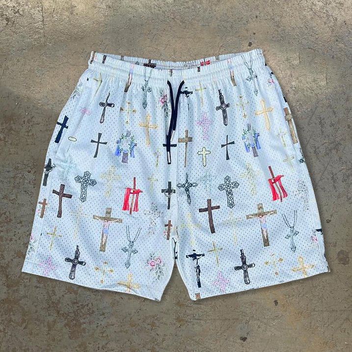 Sopula Street Sports Fashion Saint Pray Cross Graphic Drawstring Mesh Basketball Shorts