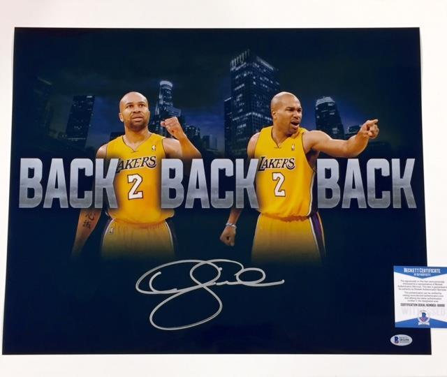 DEREK FISHER Signed LAKERS Metallic Chrome 16x20 Photo Poster painting ~ BAS Beckett Witness COA