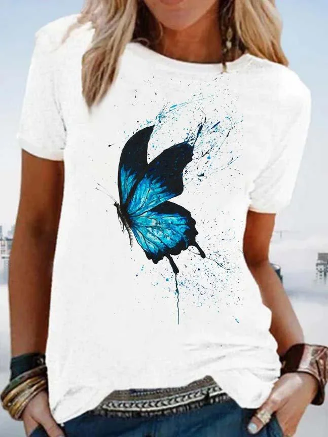 Butterfly  Short Sleeve  Printed  Cotton-blend  Crew Neck  Casual  Summer White Top