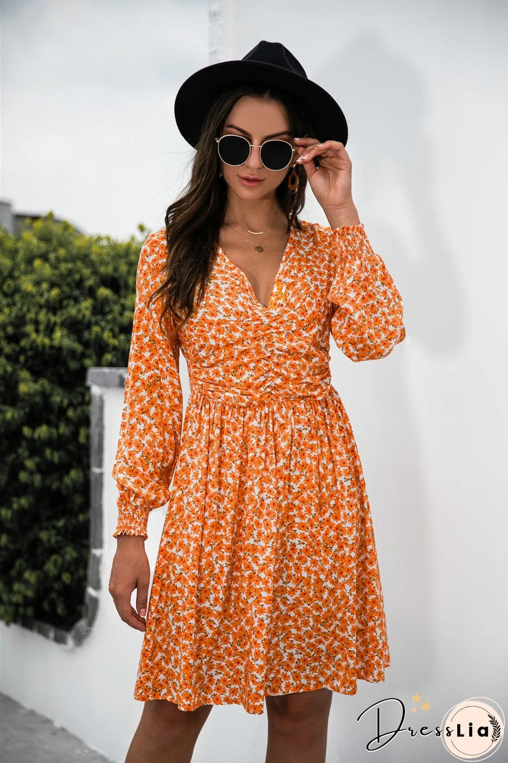 V-neck Floral Long Sleeve Dress