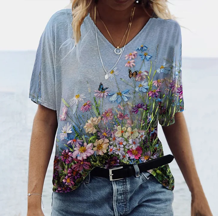 Floral Print V-Neck Casual T-Shirt