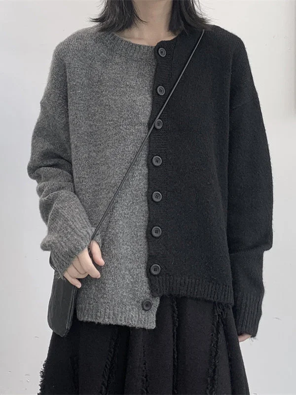 Street Round-Neck Black Grey Asymmetric Contrast Color Buttoned Sleeve Cardigan