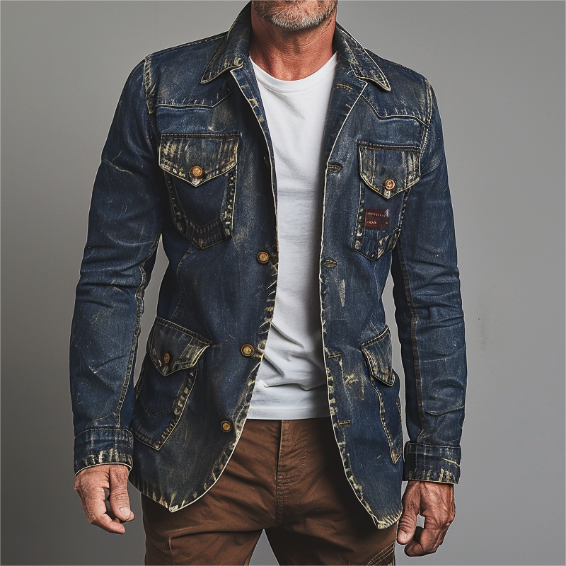 Men's Casual Denim Turndown Collar Buttons Safari Jacket