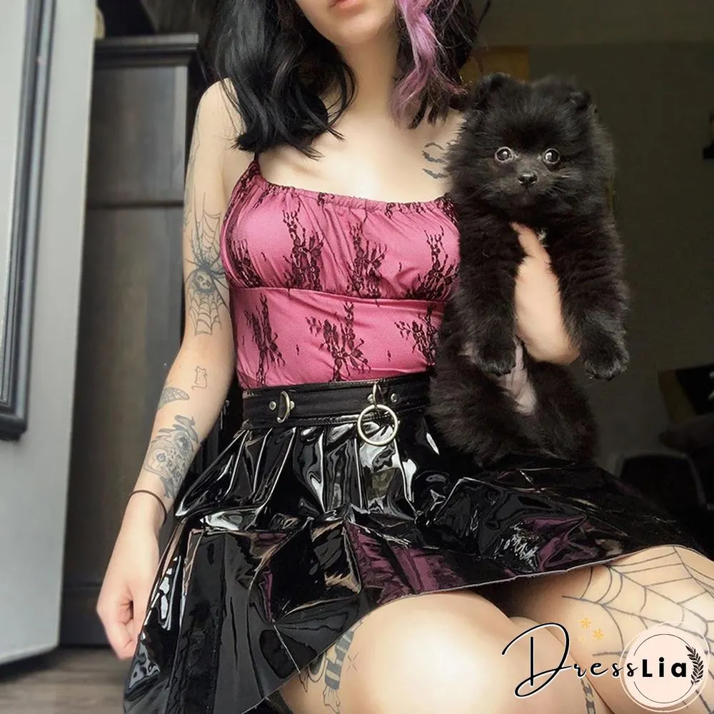 Women Vest Goth Punk Style Print Double Sides Tie Straps Square Neck Design Crop Tops Aesthetic Lace Tshirts