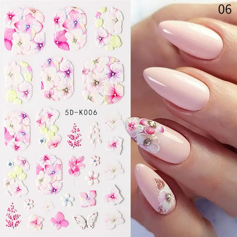 1PC French 5D Nail Sticker Embossed Flower Bubble Pattern Self-Adhesive Slider Wedding Design Nails Decals Nail Art Decoration-Nail Inspo