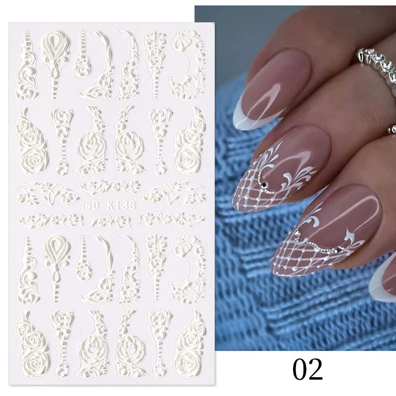 1PC French 5D Nail Sticker Embossed Flower Bubble Pattern Self-Adhesive Slider Wedding Design Nails Decals Nail Art Decoration-Nail Inspo