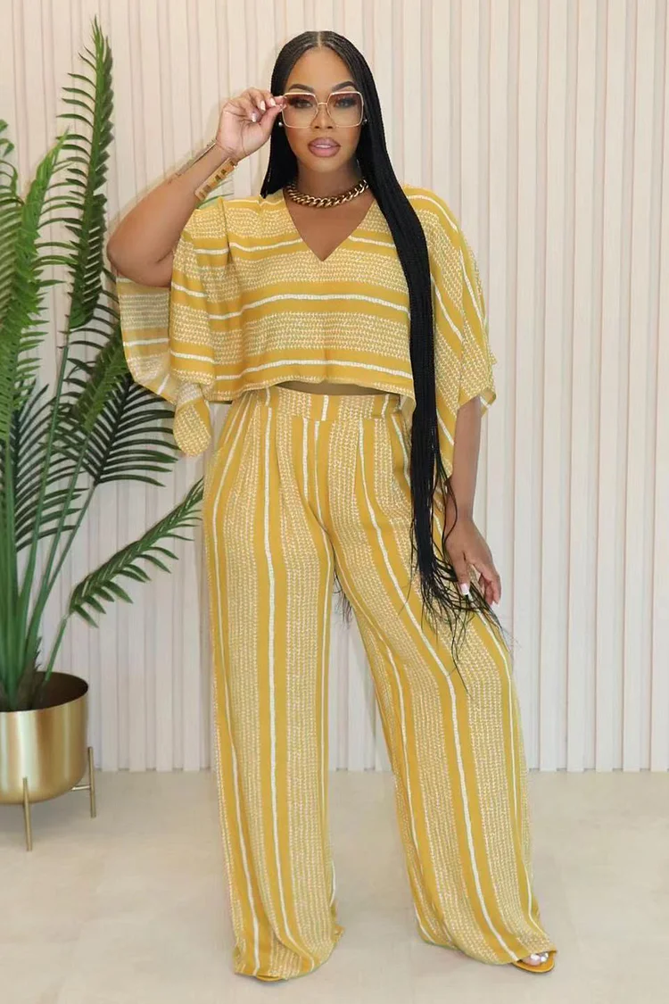 Striped Print V Neck Batwing Sleeve Crop Top Wide Leg Pants 2pcs Set-Yellow